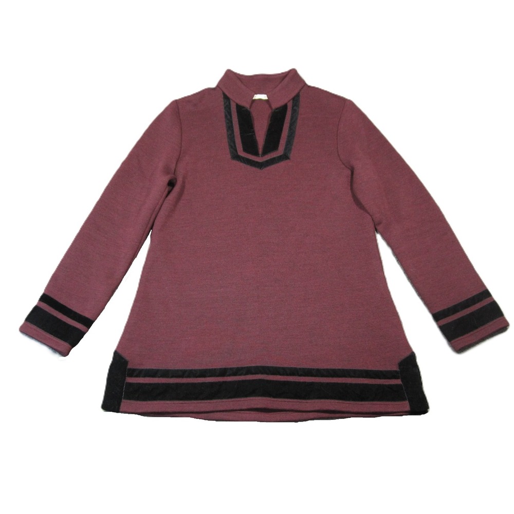 Soft Surroundings Runway Pullover Tunic Sweater M Deep Wine Velvet Trim Holiday‎